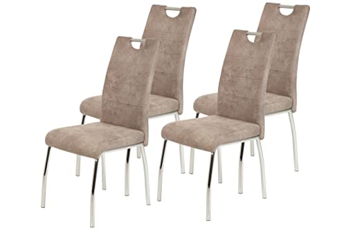 Hela Tische, Susi Lot de 4 Chaises de Salle à Manger et de Cuisine, Microfibre Beige Vintage, Piètement Métallique et Poignée Chromés