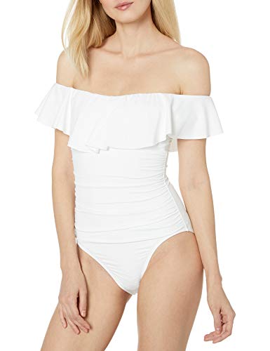 La Blanca Women's Island Goddess Off Shoulder Ruffle One Piece Swimsuit, White, 10