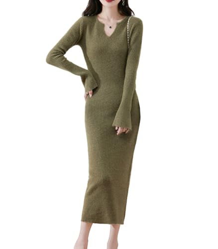 100% Merino Wool Sweater Dress Women's Long Sleeve Knitted V Neck Pullover Fall Winter Slim Long Tops