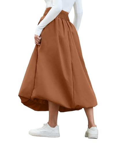 Women's Bubble Long Skirt Elastic Waist A-Line Pleated Ruffle Flowy Balloon Maxi Skirts with Pockets