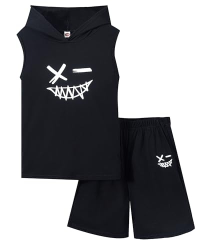 Image of Boys 2PCS Hooded Summer Sleevless Tank Top and Drawstring Elastic Waist Shorts Sport Clothing Sets