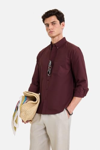Image of SNITCH Men Casual & Semi-Formal Shirt | Regular Fit Long Sleeve Button-Down Collar Solid Oxford Style | 100% Cotton Breathable Fabric for Office, Date Night