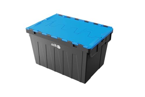 RACK IT STACK IT Large Stackable Storage Tote Boxes with Attached Lids 62 Litre Capacity 30kg Load Choice of Coloured Lids (Blue)