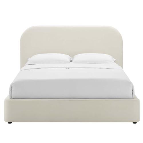 Modway Keynote Modern Queen Bed Frame with Curved Headboard in Alabaster Velvet