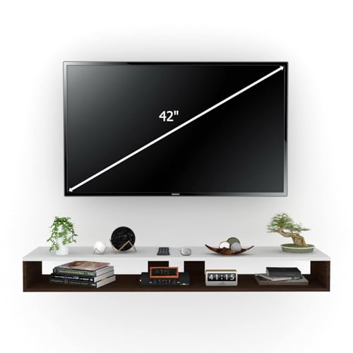 Image of Wall Mounted TV Unit with Floating Entertainment Shelf, Engineered Wood TV Cabinet with Display Shelves, Set Top Box Stand, Cable Management, Living Room Wall Shelf, Brown & White, 90 cm