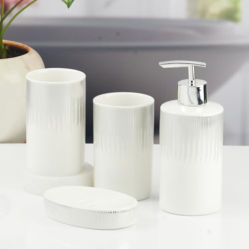 Image of SaSaSa Ceramic Bathroom Accessories Set of 4 Modern Bath Set with Soap Dispenser & Toothbrush Holder, Luxury Home & Gift Idea (11394)