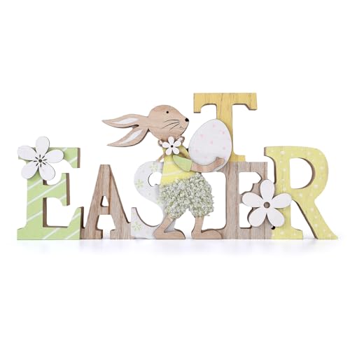 Easter Table Decorations Bunny Tiered Tray Decor Wooden Bunny Block Signs Gifts Happy Easter Centerpiece for Tables Wood Rabbit Tabletop Signs for Kitchen Home Shelf Office Decor