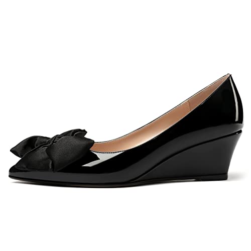 WAYDERNS Women's Patent Pointed Toe Slip On Bow Decoration Wedge Low Heel Pumps Shoes 2 Inch2