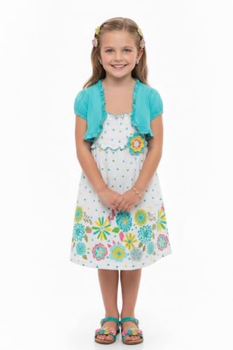 Image of ToBeInStyle Girls Two Piece Short Sleeve Dress and Matching Bolero Crop Cardigan Assorted Prints Cotton Blend Summer Outfit