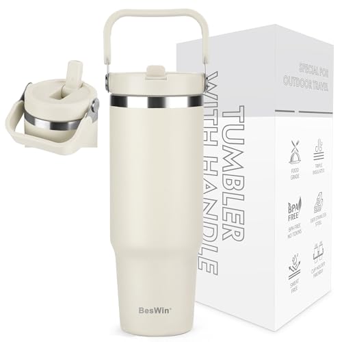 BesWin Thermobecher 30oz Edelstahl Trinkflasche mit Strohhalm - 0.89 Liter Trinkbecher mit Henkel auslaufsicher - Flip Straw Tumbler - Doppelwandige Vakuumisolierung - Hält 10+ Stunden Kalt - Beige BesWin Thermobecher 30oz Edelstahl Trinkflasche mit Strohhalm - 0.89 Liter Trinkbecher mit Henkel auslaufsicher - Flip Straw Tumbler - Doppelwandige Vakuumisolierung - Hält 10+ Stunden Kalt - Beige