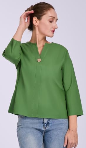 Women's V-Neck Cotton Linen Shirt Top 3/4 Roll-Up Sleeve Summer Casual Loose Solid Blouses Tunic Tops with Button2