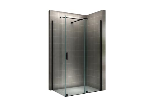 i-flair Mampara de ducha NADINE 130 x 90 cm, con puerta corredera en negro, vidrio templado de seguridad de 8 mm, cristal transparente, se puede montar a la izquierda y a la derecha