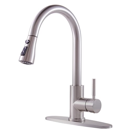KINGO Kitchen Faucet, Brushed Nickel Kitchen Faucets with Pull Down Sprayer, High Arc Single Handle Stainless Steel Sink Faucets 1 or 3 Hole, Kitchen Sink Faucets for Farmhouse Camper Laundry Rv Bar