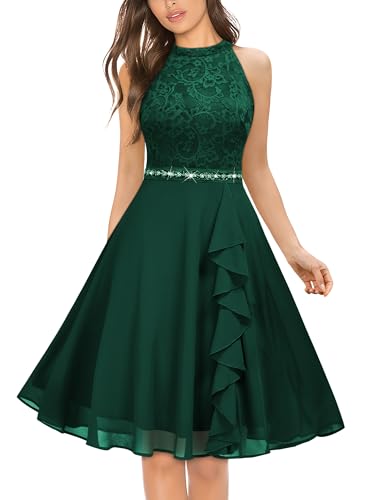 Image of Miusol Women's Halter Neck Lace Ruffle Vintage Cocktail Party A-Line Bridesmaid Dress