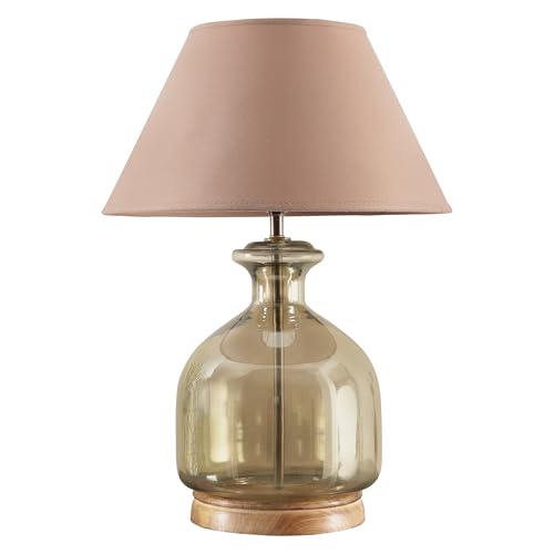 Image of Alper Smoke Luster Glass Table Lamp with Beige Cotton Shade | Modern Designer Bedside & Living Room Decorative Table Light (Bulb Included)