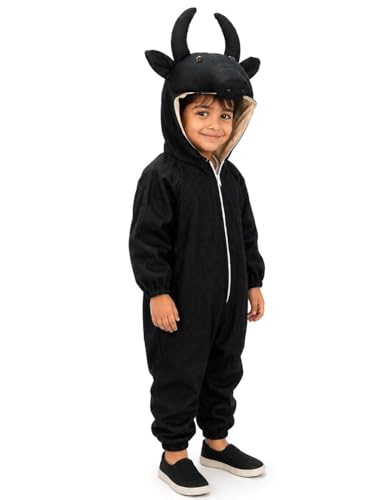 Image of BookMyCostume Black Buffalo Dress for Kids - Full Body Jumpsuit with Curved Horns Attached Hood - Farm Animal Bull Fancy Dress | Annual Day & Stage Performance Costume | 4-5 Years