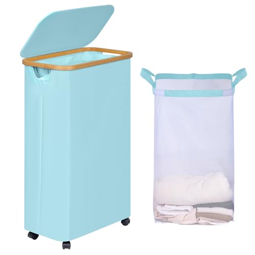 Image of efluky Slim Laundry Hamper with Wheels, Narrow Laundry Basket with Lid and Removable Bag, Aesthetic Dirty Clothes Hamper on Wheels for Laundry Room, Bedroom, Dorm and Bathroom, 75L Beige