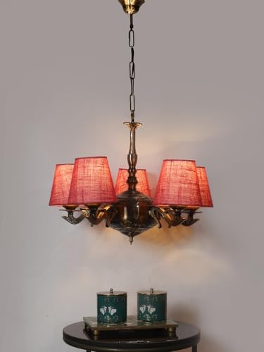 Image of Devansh 05 Lights Pink Jute conical Shade with Antique Golden Chandelier