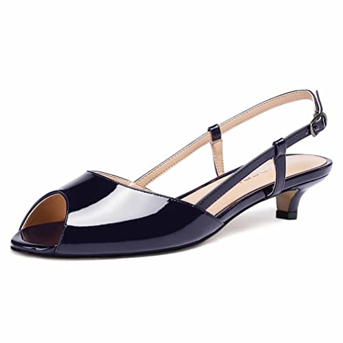 WAYDERNS Women's Slingback Peep Toe Patent Solid Kitten Low Heel Pumps Cute Dress Shoes 1 Inch