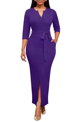 Image of Nmoder Maxi Dress for Women Long Church Cocktail Casual Dresses Colorblock Front Split 3 /4 Sleeve V Neck Pencil Dress
