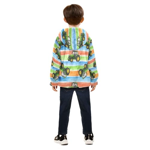 Truck Pattern on Colorful Stripes Toddler Fleece Jacket Girl Boys Hooded Fleece Jacket Coat Warm Outwear Zip-up 3-10T4