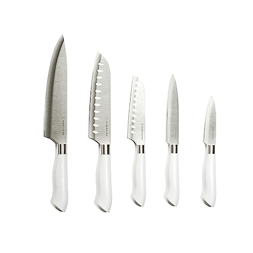 DURA LIVING EcoCut 5-Piece Kitchen Knife Set - High Carbon Stainless Steel Blades, Sustainable Ergonomic Handles, Eco-Friendly Knives with Sheaths Grey