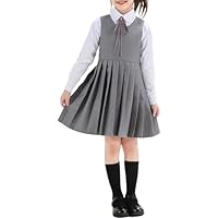 Girls School Uniform Jumper Pinafore Pleated Dress Kids Classic School Dress Plain Casual Suspender Dresses Sleeveless Students Team Uniform Dresses Up Preppy A Line Twirly Sundress Grey