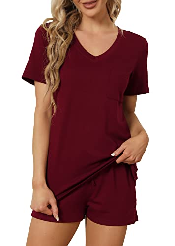 Image of RUBZOOF Women's Short Sleeve Pajama Sets with Pockets Casual V Neck 2 Piece Lounge Sets S-3XL