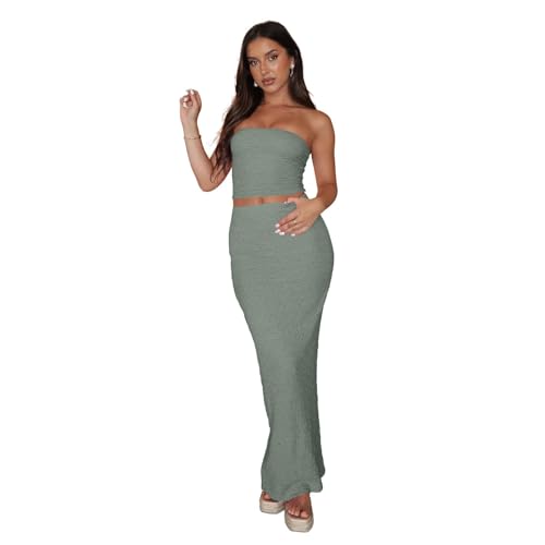 Image of Two Piece Dress Outfits for Women Sleeveless Tube Tops Bodycon Maxi Dress Summer Strapless Crop Top Sexy Suits Set