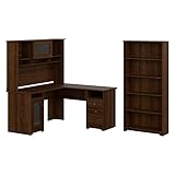 Bush Furniture Cabot 60W L Shaped Computer Desk with Hutch and 5 Shelf Bookcase in Modern Walnut