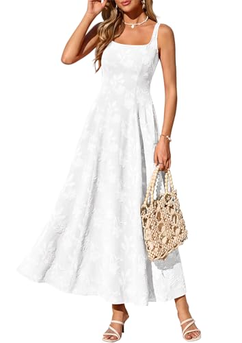 PRETTYGARDEN Womens Summer Maxi Dresses 2026 Casual Sleeveless Square Neck Formal Wedding Guest Beach Vacation Boho Dress (White S)