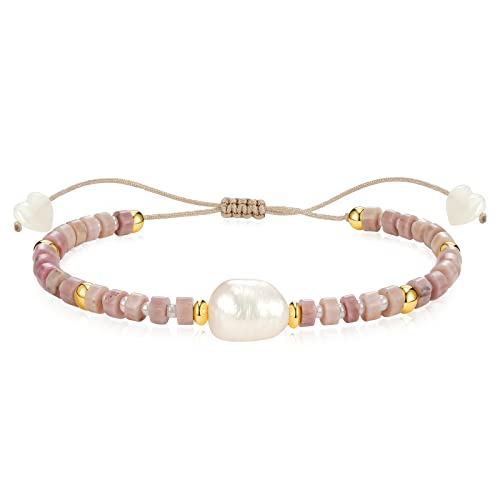 Kissyan Healing Crystal Bracelet With Irregular Pearl For Women, Natural Semi-Precious Gemstones Adjustable Beads Bracelet Genuine Freshwater Cultured Pearl Meditation Spiritual Gifts(Rhodochrosite) #TOP25
