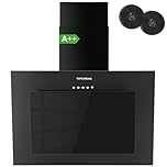 TopStrong Cooker Hood 60cm, Class A++ Extractor Fan Kitchen with Carbon Filters, Wall Mounted Extractor Hood with Recirculating & Ducting System, 3 Speed Black Painting & Tempered Glass, LED Lights