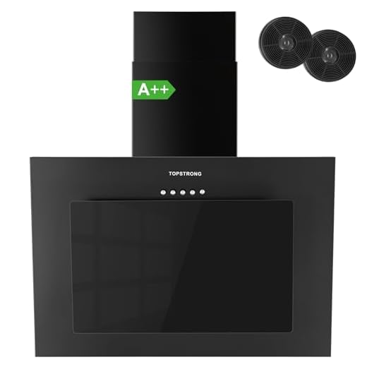 TopStrong Hottes Aspirantes 60cm, Class A++ Hotte Cuisine inclinée Silencieuse, 350m³/h Hotte aspirante Evacuation ou Recyclage, Filtres Charbon Inclus, 3 Vitesses Hotte, LED Eclairage, 56 dB, Noire