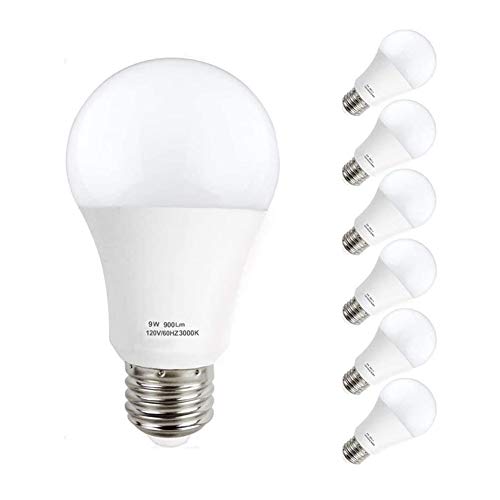 KINDEEP A19 Bombilla LED, E26 Base Bombilla 9W (equivalente a 60W), no regulable, 900 lúmenes, ángulo de haz de 270°, 3000 K blanco cálido, 6 paquetes