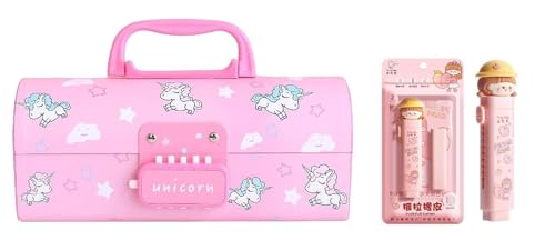Image of Pink Unicorn Pencil Box Set with Eraser, Password Lock Case | Pink unicorn pencil box with password lock, mirror, eraser and multi-layer storage for school essentials.