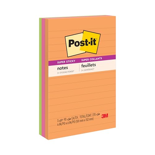 Image of Post-it Super Sticky Lined Notes-Assorted, 4 x 6 Inches, 90-Sheet Pad (3 Pack) | School Supplies and Office Supplies, 2X the Sticking Power