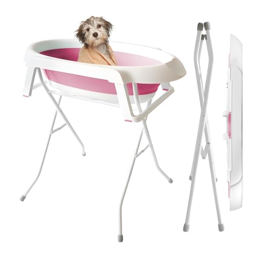reukmuuc Faltbare Erhöhte Badestation für Haustiere, tragbare Hochbeckenbadewanne für kleine Hunde und Katzen mit Ablaufschlauch und Lagerregal, Kunststoff Badewanne
