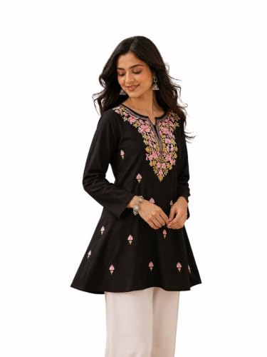 Image of QAZMI Women's Bahar Kashmiri Zari Resham Work Viscose Rayon Full Sleeves A-Line Short Kurti