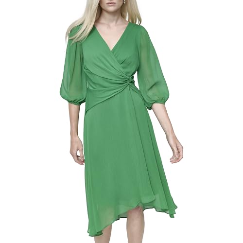 Image of DKNY Women's 3 /4 Balloon Sleeve Twist Front Chiffon Midi Dress