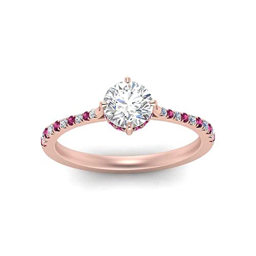 Image of Choose Your Gemstone Compass Point Under Halo Round Engagement Ring Rose Gold Plated Round Shape Side Stone Engagement Rings Lightweight Office Wear Everyday Gift Jewelry US Size 4 to 12