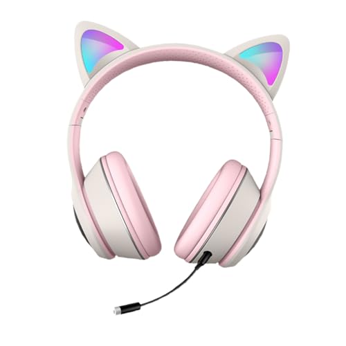 JEWEDECO RGB USB Gaming Headset mit Katzenohr Design Noise Cancelling Mikrofon Elastische Polsterung Komfortabel für PC Smartphone und Zocken Graues kabelgebundenes Gaming Headset