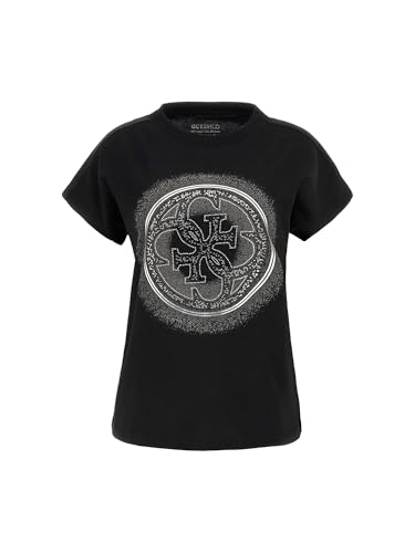 Guess T-Shirt Manches Courtes en Coton Eco à Strass Shaded Hotfix Brillants