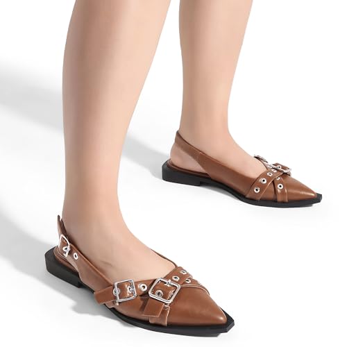 Greatonu Women's Slingback Flats for Women Ballerina Shoes Studs Buckle Flat Shoes Cross Strap Closed Toe Sandals Pointed Toe Ballet Flats Casual Party Dressy Shoes2
