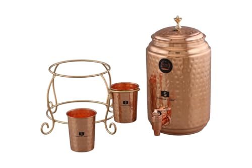 Image of SHANKAR & SONS 5 Litre Copper Water Dispenser Pot with Golden Iron Stand and 2 Glasses | Hammered Texture, Non-Toxic, BPA Free with Added Health Benefits Traditional Matka for Drinking Water