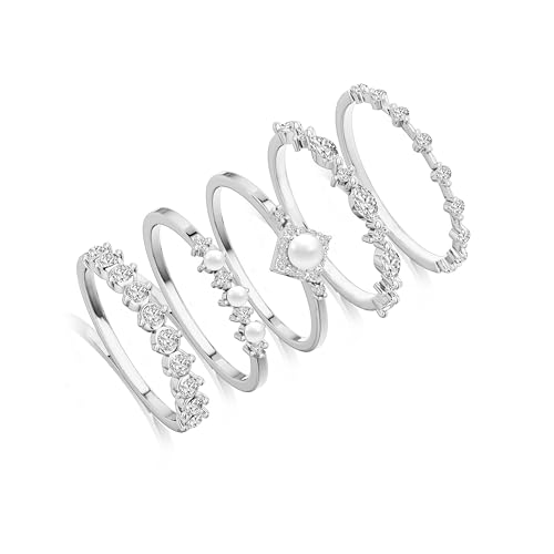 DEARMAY Sterling Silver Plated Rings for Women Dainty Stackable Cubic Zirconia Pearl Silver Jewelry...