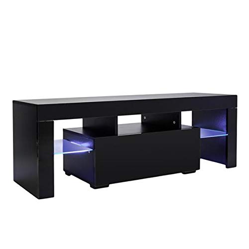 TV Stand with LED Light Wood Television Stand Media Storage Console Cabinet with Drawer and Shelves Entertainment Center Living Room Bedroom Furniture (Black)