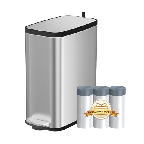KdbK Stainless Steel Bathroom Trash Can with Lid Soft Close,1.6 Gallon Slim Garbage can,Small Metal Step Wastebasket for Office, Bedroom, Toilet, Live Room
