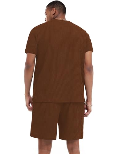 Image of Ekouaer Mens Lounge Set Ribbed Knit Pajamas Set 2 Piece Short Set Outfits Sweatsuit Summer Soft Sleepwear Loungewear