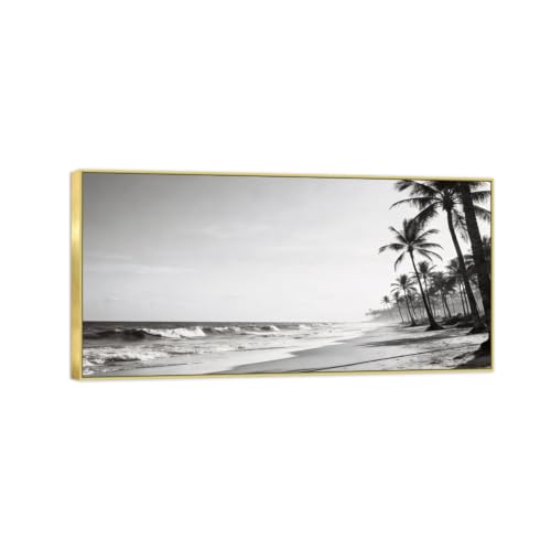 Tableau paysage noir et blanc pour salon moderne chic cadre doré 70x140